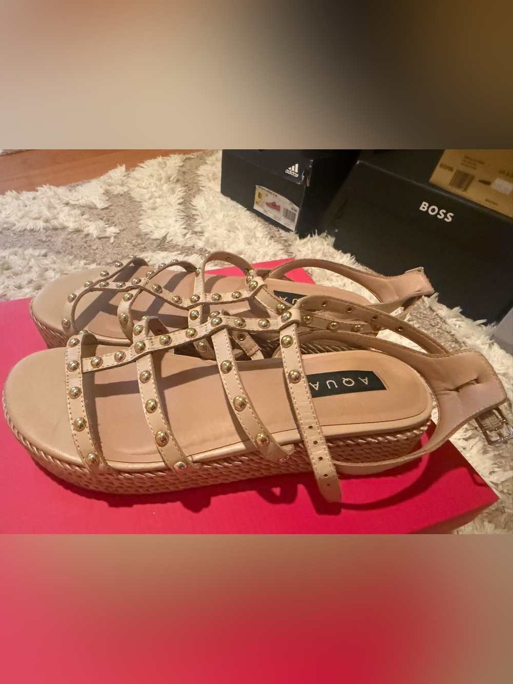 Aqua Nude Studded Woven Platform Sandals